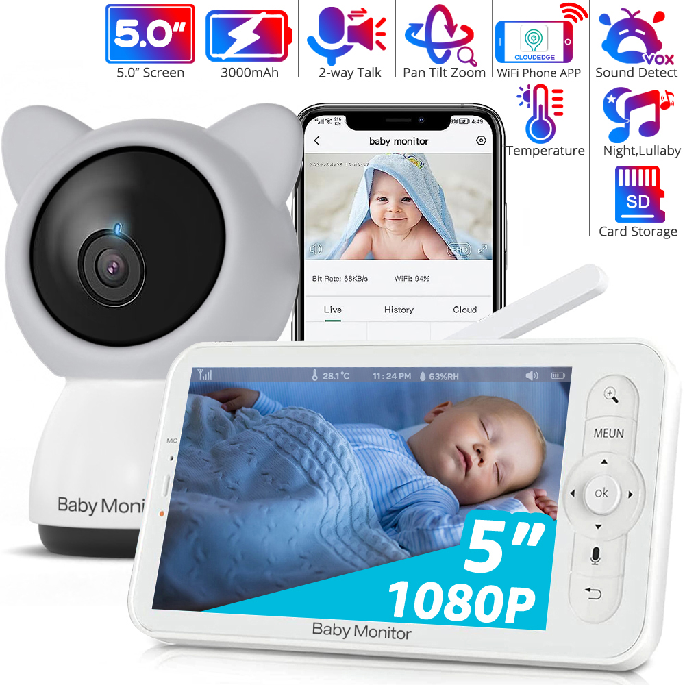 Audio Music Apps - WiFi-babyfoon met APP, 5-inch 720P-scherm, 1080p-camera,